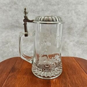 Vintage Etched Glass Beer Stein Pewter Lid Deer‎ Hunting Mug Tankard